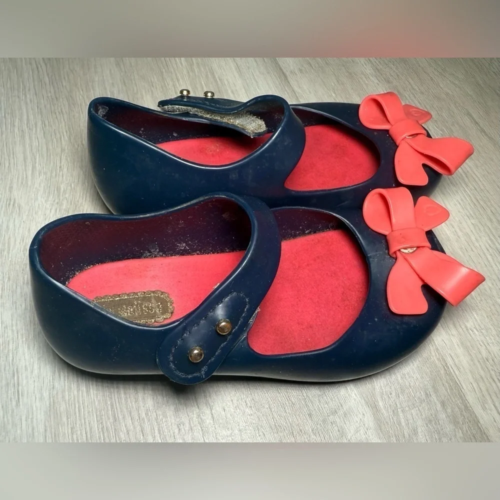 Mini Melissa Toddler Girl Blue With Pink Ribbon Bow Mary Jane Shoes Size 8